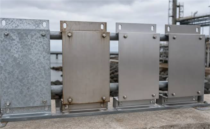 Coastal marine exposure test panels comparing hot-dip galvanized steel and stainless steel plate corrosion performance