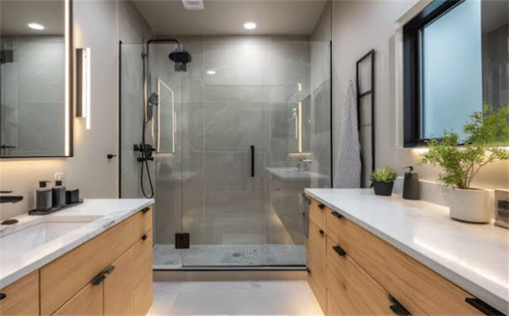 Finished contemporary primary bathroom with double vanity, light wood cabinetry, glass shower enclosure, and large windows