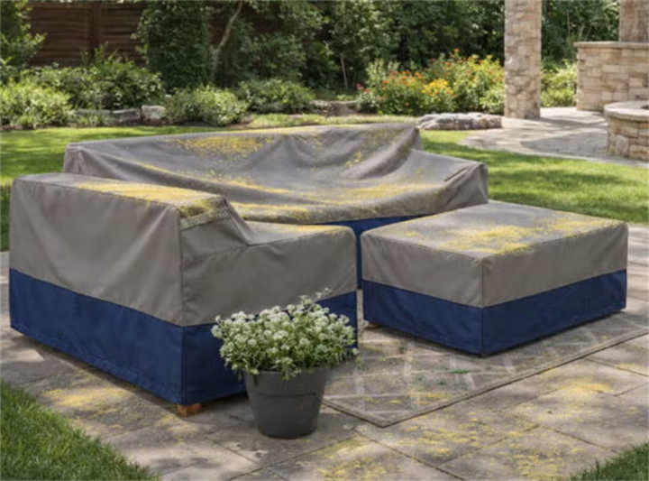 Two-tone weather-resistant protective covers shielding outdoor sectional sofa in residential backyard