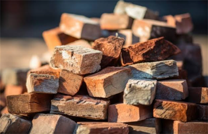 Stack of aged reclaimed clay bricks used for constructing outdoor masonry fireplaces